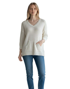 Neiman Marcus White Knit Sweater Womens Large V Neck Front Pockets